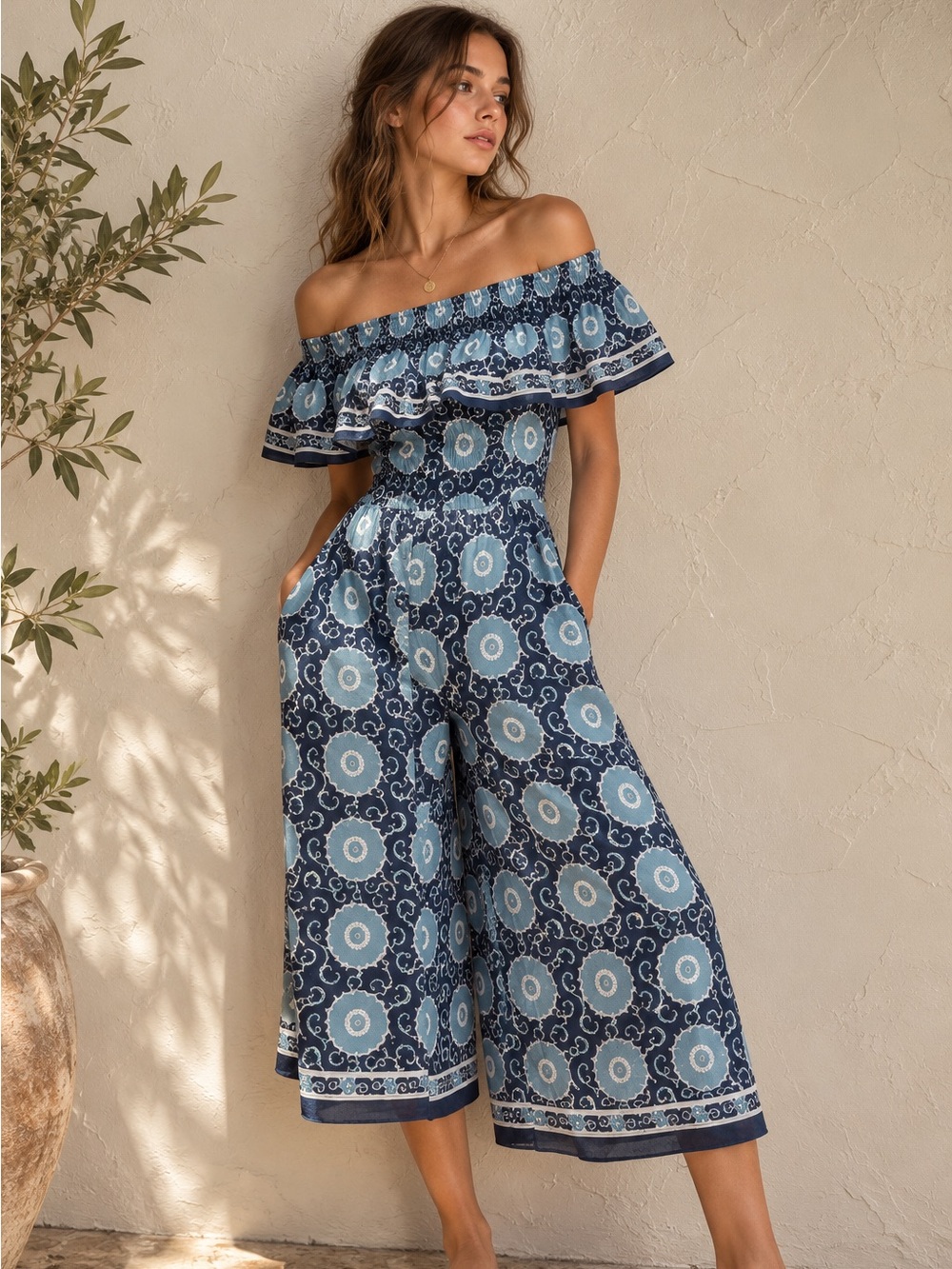 Kopal Anthropologie Boho Jumpsuit Off Shoulder Wide Leg Resort Vacation XS